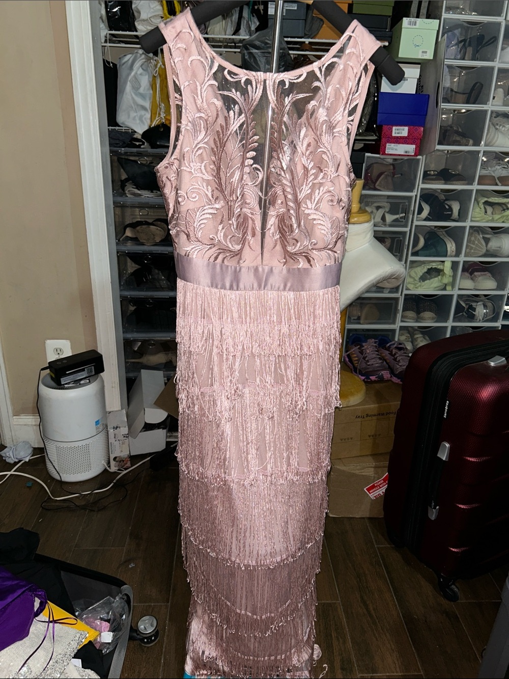 VENUS Blush Pink Embroidered Fringe Maxi Dress